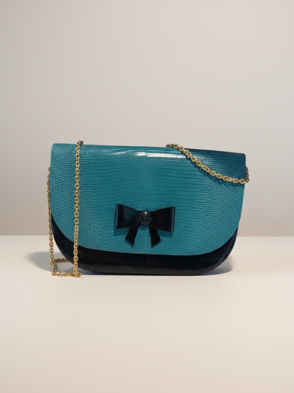 Dior Teal and Black Lizard-Texture Clutch with Bow - Picture 2 of 5